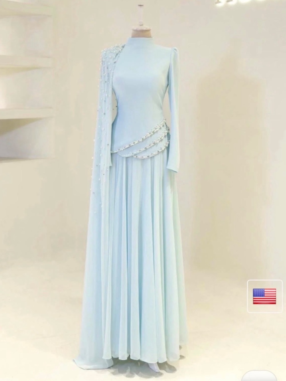 Modest Elegant Light Blue Evening Gown with Draped Beaded Detail